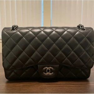 CHANEL Classic Double Flap Jumbo Shoulder Bag Purse Black Lambskin Silver Chain